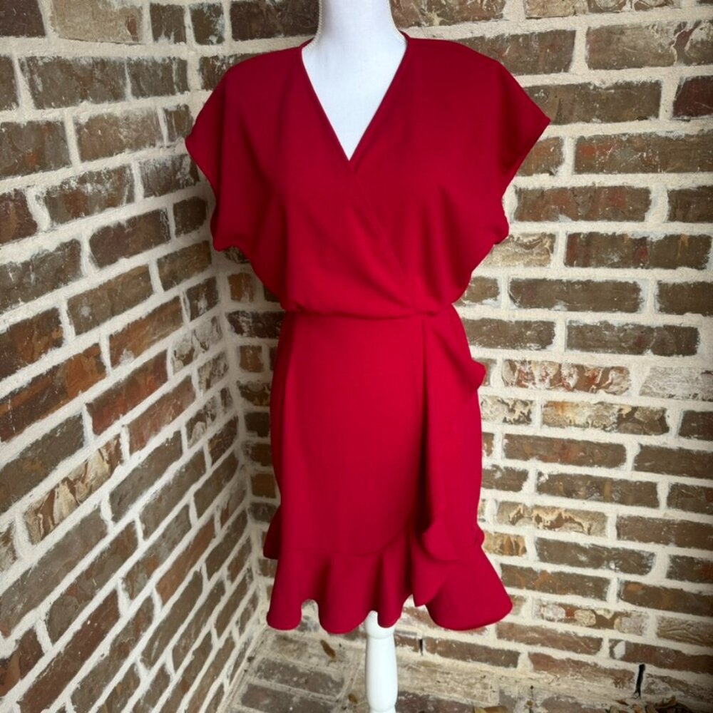 Red Faux Wrap Ruffle Dress by Paperdoll Size M